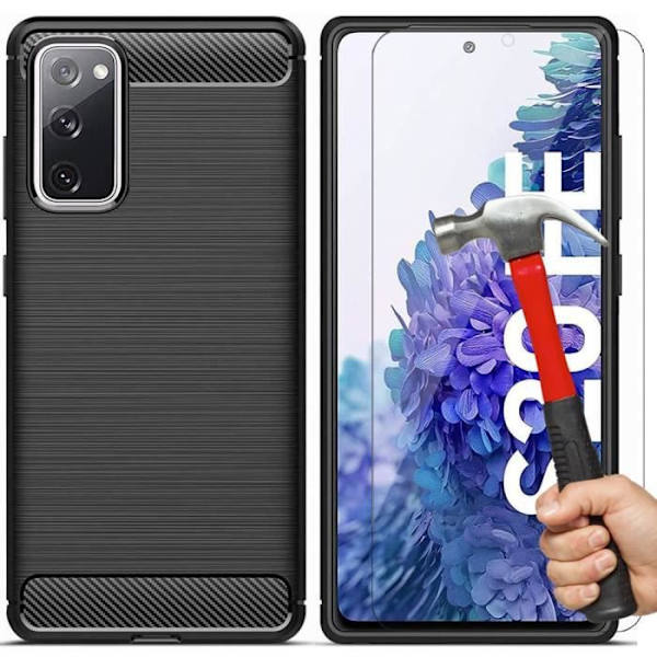 Set med 2 härdade glasögon med fodral för Samsung S20 FE (6,5") Svart tjock linjeeffekt massivt stål Anti-chock Anti-Scratch