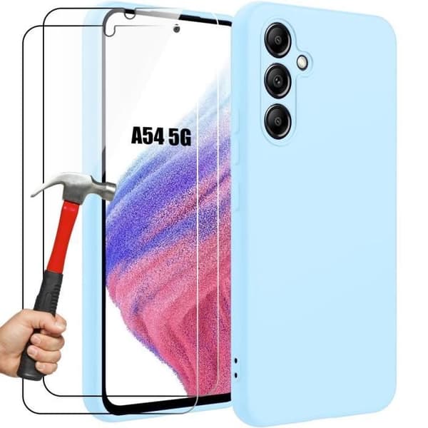 Mobilskal - Booling - för Samsung Galaxy A54 5G - Stötsäker Silikon - Ljusblå - 2 Härdade Glas Blå