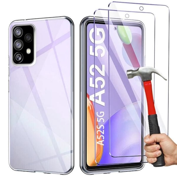 Samsung A53 5G (6,5") fodral + förpackning 2 härdade glasögon. Mjukt anti-chock silikonfodral Transparent