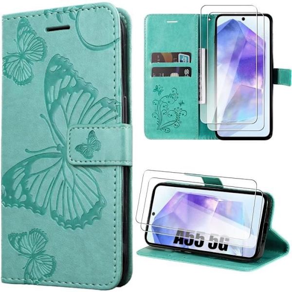 Skyddskal - Samsung - Galaxy A55 5G - PU-läder Fjäril - Grön - Semi-styv Grön