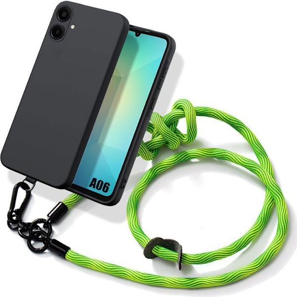 Coque för Samsung Galaxy A06 - Mjukt Flexibelt Silikon Svart med Robust Grön Axelrem Grön, Svart