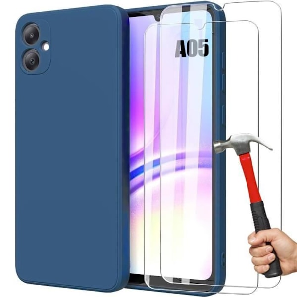 Fodral + 2 härdade glasögon för Samsung Galaxy A05 (ej för A05s), flytande silikonskydd Marinblå matteffekt