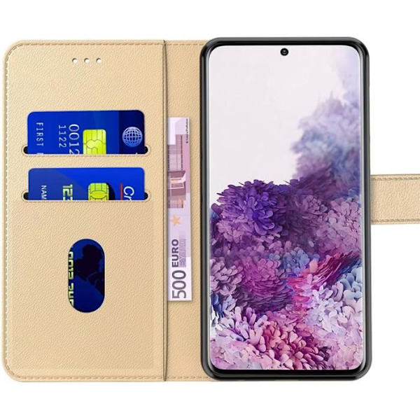 Set med 2 härdade glasögon och fodral för Samsung S20 FE (6,5") Guld 360 graders skyddande lädereffekt gyllene