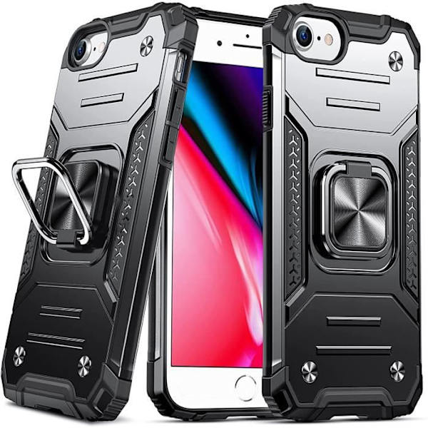 Fodral för iPhone 8/7, stötsäkert skyddsfodral av militärklass, fodral med 360 graders roterande metallring svart