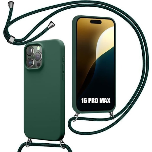 Lanyardfodral för iPhone 16 Pro Max, Stötsäkert Hybrid Silikonfodral med Lanyard - Midnattsgrön