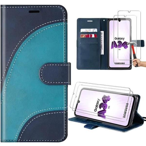 Coque + 2 Glasdämpare - BOOLING - Samsung Galaxy A34 5G - Semi-rigid - PU-läder - Blå Blå