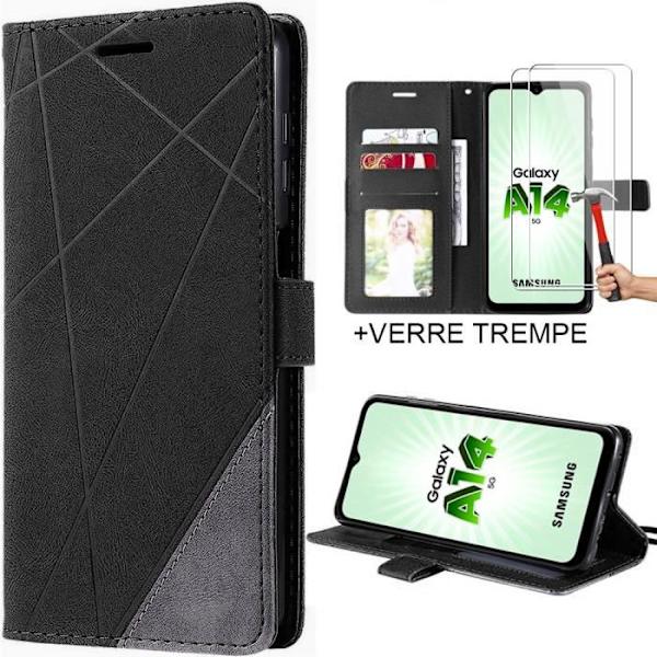 Flip Case Cover för Samsung Galaxy A14 4G/5G effekt svart läder + 2 härdade glasögon
