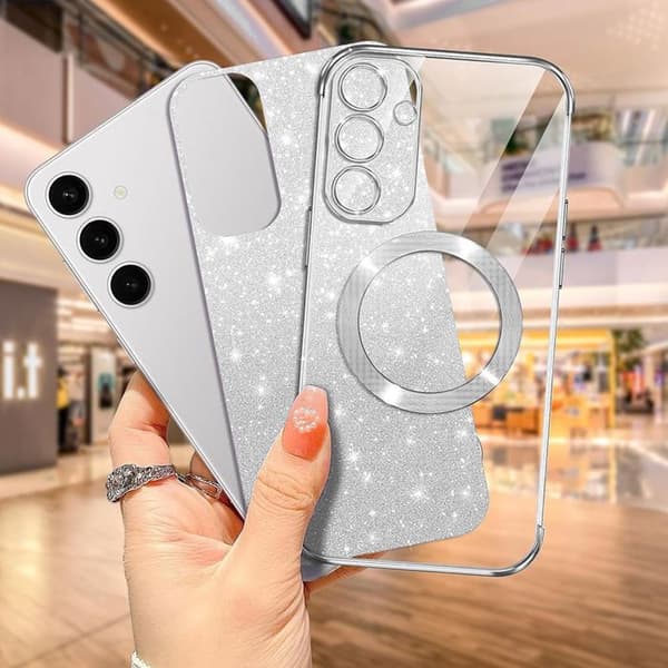 Skyddsfodral för Samsung Galaxy S26 FE, Glittrande skydd med magnetisk cirkel - Silver Silver