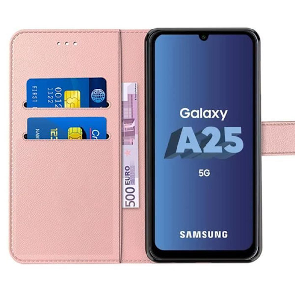 Skyddsskal - Samsung - Galaxy A25 5G - Stötdämpande - PU- och TPU-läder - Fack för kort Rosa