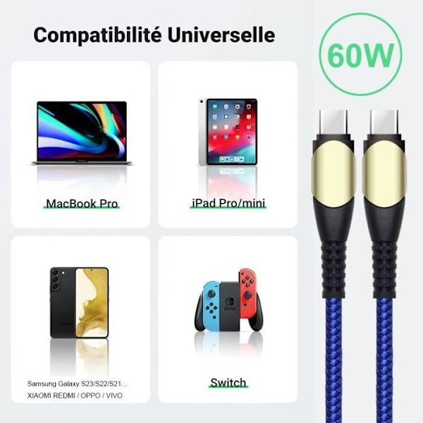 3x Snabbladdningskabel USB-C till USB-C 60W för Samsung Galaxy A26 A25 A15 A05s A35 A55 S24 Ultra - Blå Nylon 1M Blå