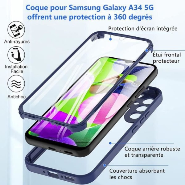 Fodral till Samsung Galaxy A34 5G Fullt skydd Fram och bak Dubbelsidig Marinblå