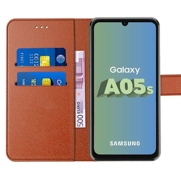 Skyddande skal - Samsung - Galaxy A05s - Brun läderlook - Repellerande - Plånbok kastanj