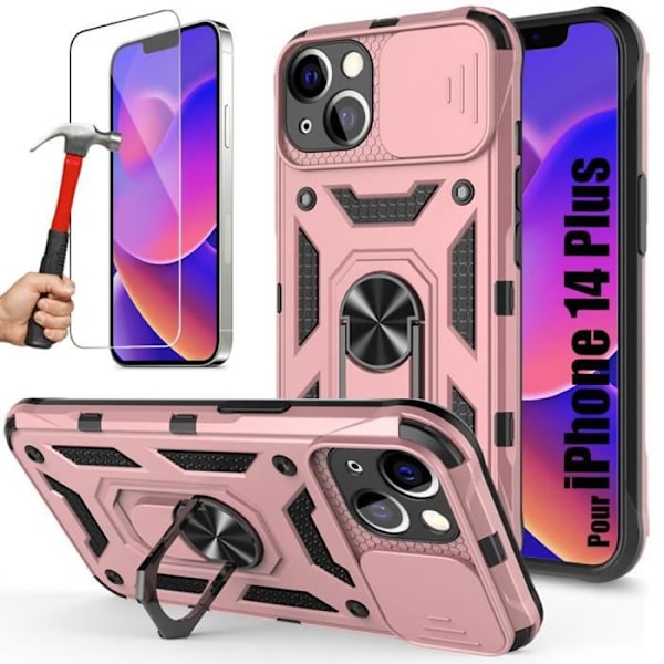 Fodral för iPhone 14 Plus + 2 härdade glasögon, hårt stötsäkert rosa fodral med kameraskydd
