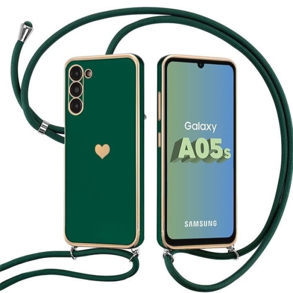 Fodral för Samsung Galaxy A05s (ej för A05), stötsäker flexibel TPU med halsband, hjärtmönster - midnattsgrön