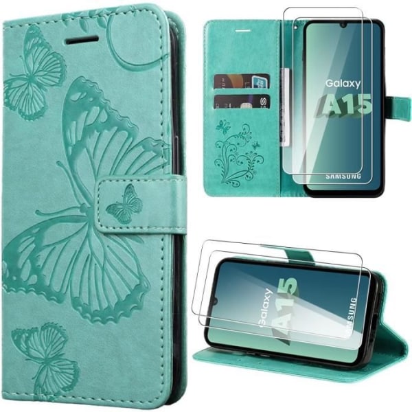 Skyddskal - BOOLING - Samsung Galaxy A15 4G-5G - Grön - Fjärilsmönster - Syntetiskt läder Grön