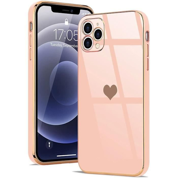 Fodral för iPhone 12 Pro Max (6,7") Rosa + 2 Hjärtmönster i härdat glas Galvaniserat Guld TPU Lyx Stötsäker Anti-Scratch Rosa