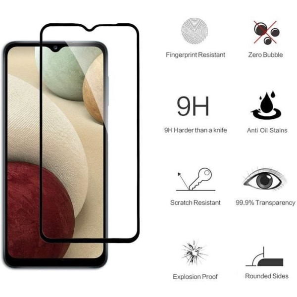 Fuldt hærdet glas til Samsung A12 (6,5") Anti-spor Høj modstand, pakke med 2 sorte glasfilm Svart