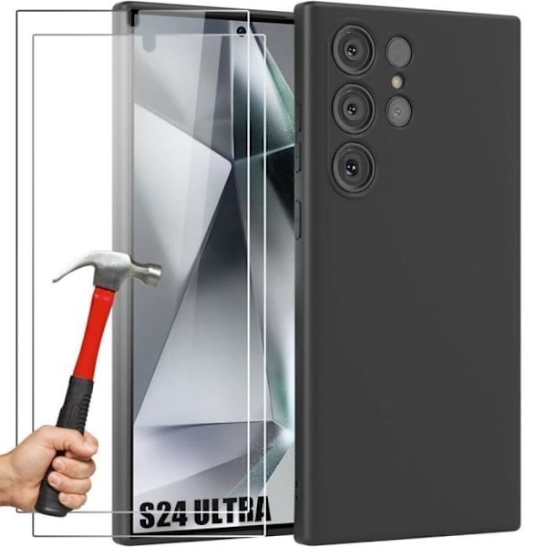 Svart silikonfodral för Samsung Galaxy S24 Ultra med 2 härdade glasögon Stötsäkert anti-skrapa