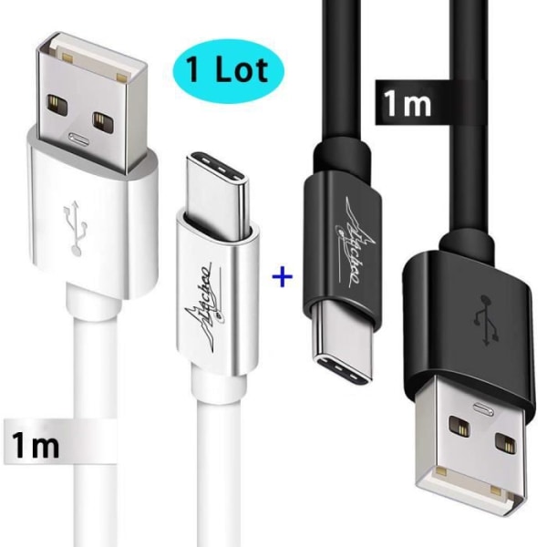 [2st, 1m] 2A USB Typ C-kabel, svartvit, USB C-kabelladdare, supersnabb laddning/synkronisering för Samsung Huawei Xiaomi etc Vit