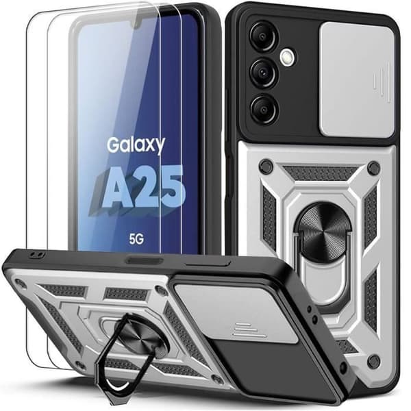 Skyddsskal - BOOLING - för Samsung Galaxy A25 5G - Stötresistent - Rotera stöd - Silver - med 2 Härdade Glas Silver