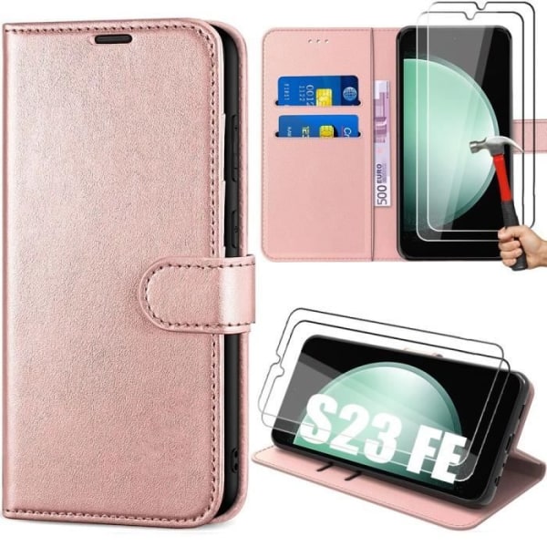 Skyddsfodral - BOOLING - Samsung Galaxy S23 FE - Rosa - Stöttålig i PU-läder - 2 Härdat Glas Rosa