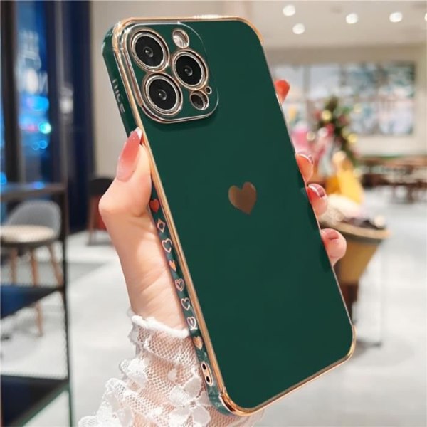 Cover til iPhone 12 (6.1") Midnight Green Pack 2 hærdede briller Hjertemønster Anti-ridse galvaniseret guld Blød TPU Luksus Midnattsgrönt