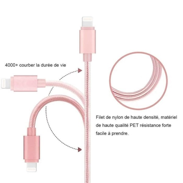 Sæt med 2 kabler, der er kompatible med iPhone, 2M, Pink Nylon