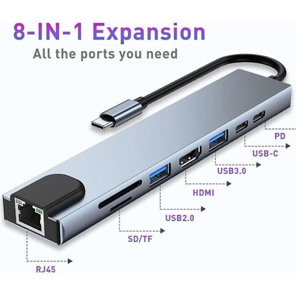 Hub-adapter - BOOLING - 8 i 1 - USB-C till HDMI 4K - PD 87W - SD/TF-läsare