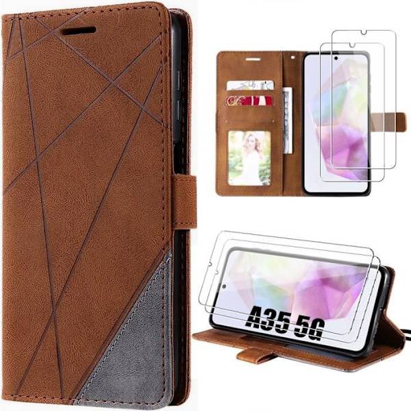 Skyddsfodral - Samsung - Galaxy A35 5G - Brun - PU-läder - 2 härdade glas kastanj