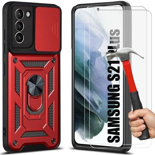 2-pack härdat glas och fodral för Samsung S21 Plus (6,7") Röd ring baksida Anti-skrapa hård Army Style Stötsäker Röd