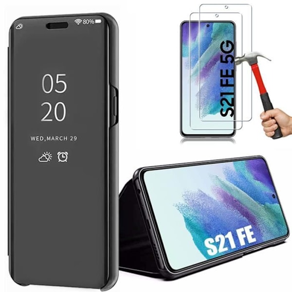 Coque - BOOLING - för Samsung Galaxy S21 FE - Spegel effekt svart - Genomskinligt fönster - 2 härdade glas Svart