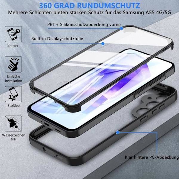 Helt fodral till Samsung Galaxy A55 5G - 360° stötsäkert skydd - Svart