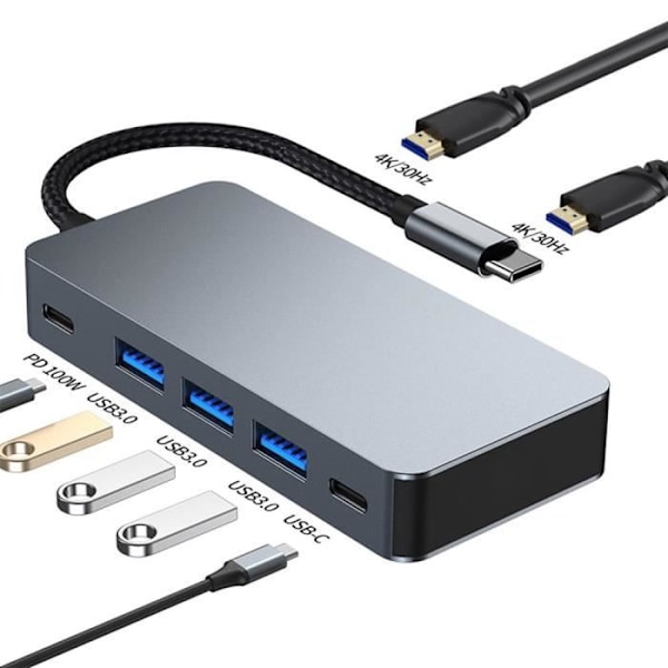 Adaptör Hub 7 i 1 - BOOLING - USB-C till Dubbel HDMI 4K - 3 USB 3.0-portar - PD-laddning 100W - Aluminium