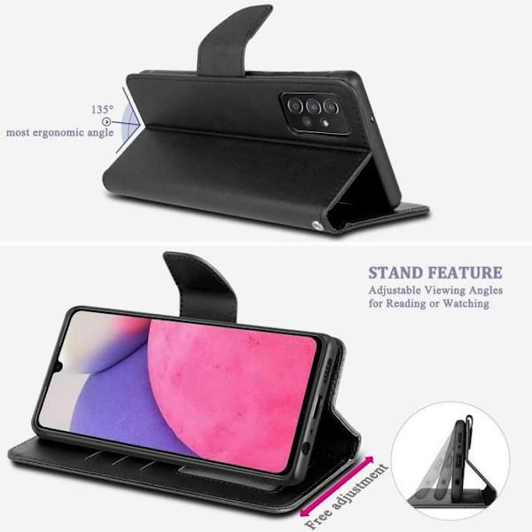 Fodral för Samsung A33 5G (6,5") + 2 härdade glasögon. Fodral i massivt lädereffekt Elegant design Magnetstängning Svart Svart