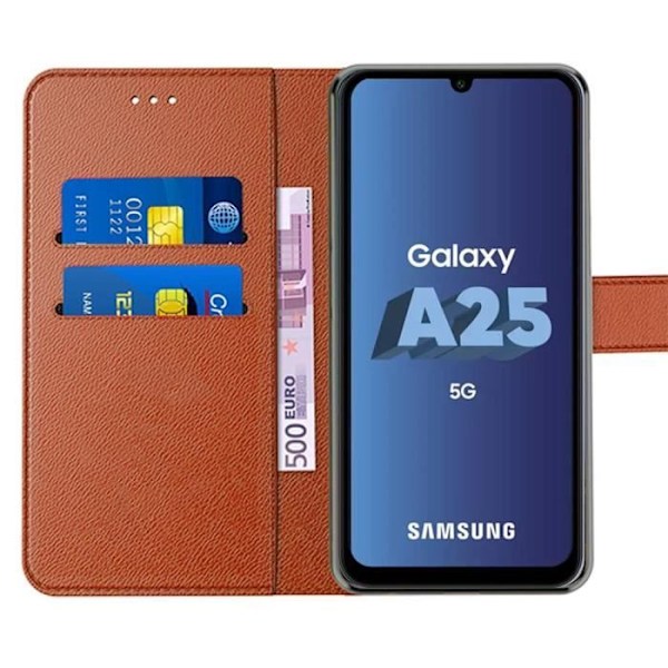 Skyddshölje - Samsung - Galaxy A25 5G - PU-läder - Stötsäker - 2 Härdat glas kastanj