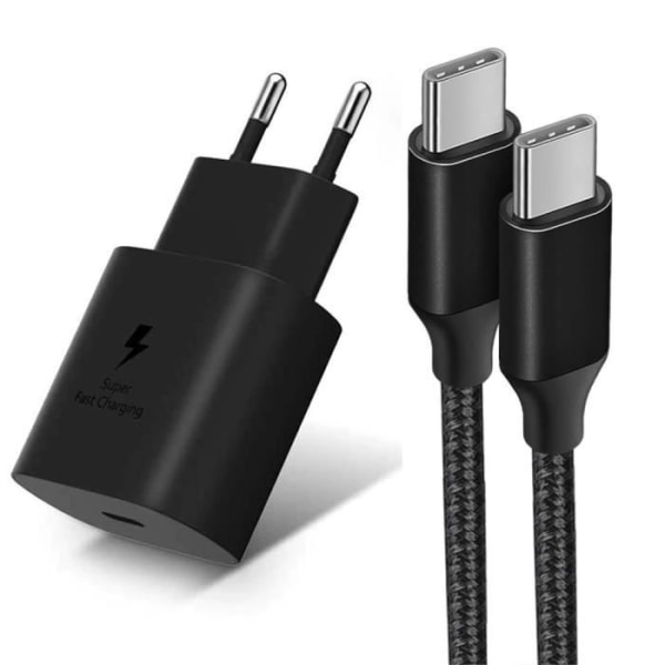 Laddare PD 25W + USB-C till USB-C Nylon-kabel 1M för Samsung Galaxy A16 A14 A13 A12 A03s A04s A22 A23 A24 - Svart Svart
