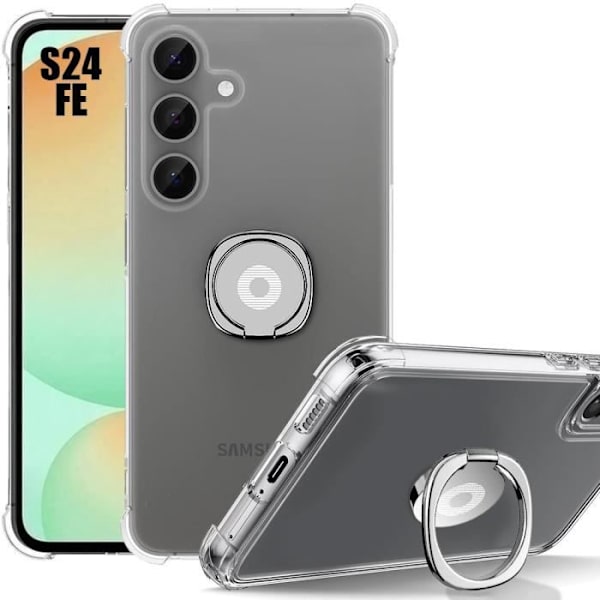 Silikonfodral för Samsung Galaxy S24 FE (ej för S24), Stötsäker Transparent med justerbar silverringhållare