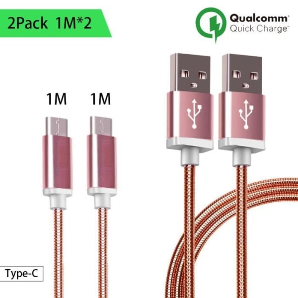 USB Typ C-kabel, 2-pack, 1M - Rosa metall