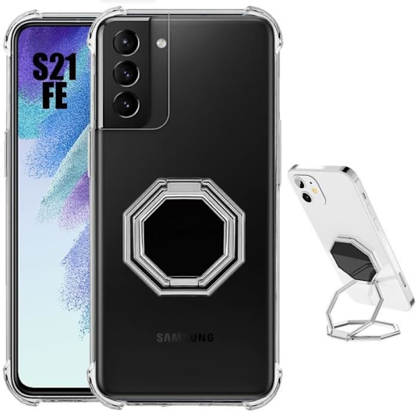 Fodral till Samsung Galaxy S21 FE Stötsäkert transparent silikon med åttakantigt metallstativ transparent-silver