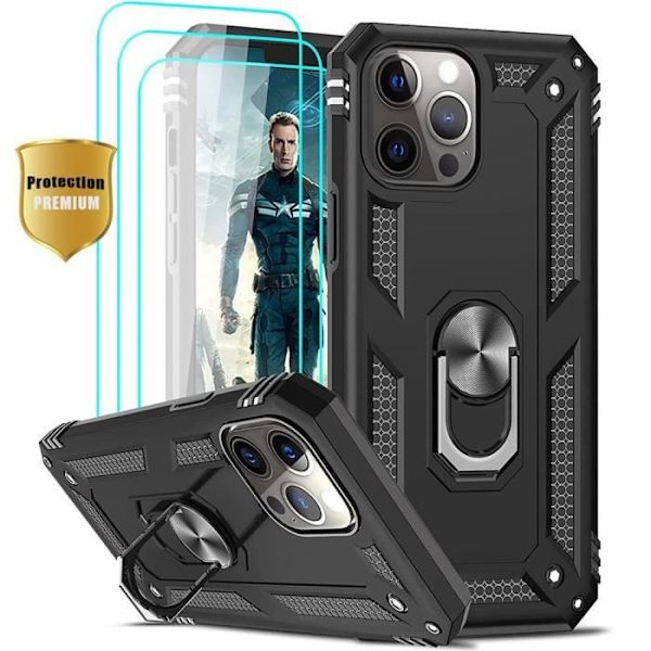 Fodral för iPhone 13 Pro (6.1) med 2 härdade glasögon - Ultraresistent svart fodral med 360° roterande stativ Svart