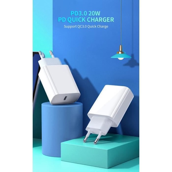 20W laddare strömadapter för iPhone 12 Pro Max USB-C-port Snabbladdning 3.0 EU väggkontakt USB typ C laddningskabel, 1m