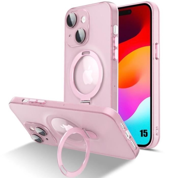 Fodral för iPhone 15, stötsäkert hårt med justerbar magnetisk ringhållare och kameraskydd - genomskinlig rosa