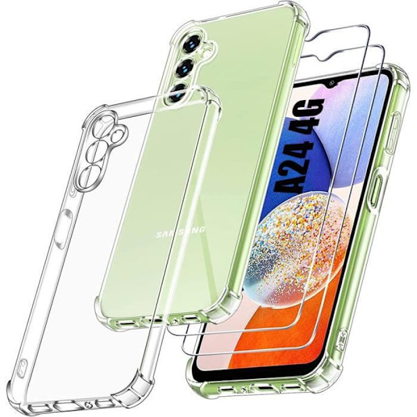 Fodral för Samsung Galaxy A24 + 2 härdade glasögon, förstärkt skydd TPU fodralpaket Transparent