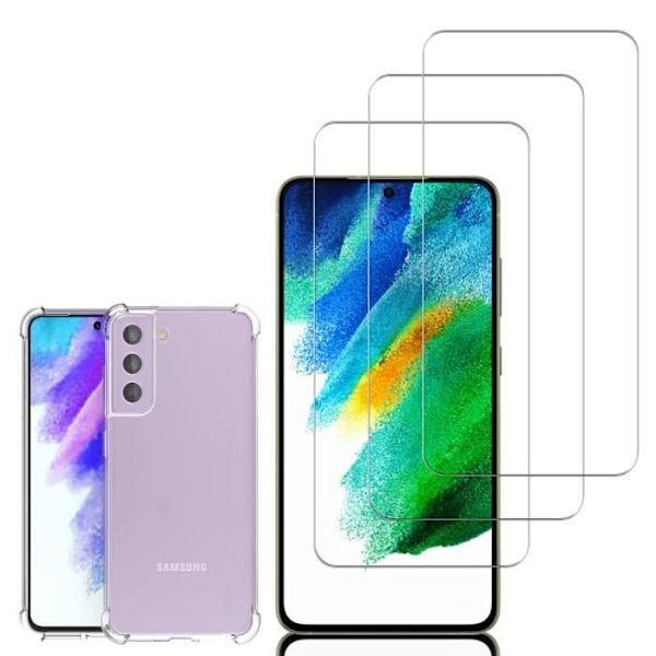 För Samsung Galaxy S21 FE 5G 6,4": Stötsäkert mjukt TPU silikonfodral - TRANSPARENT + 3x härdat glasfilmer VIT