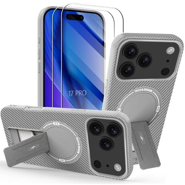 Mobilskal - BOOLING - iPhone 17 Pro - Kolfiber - Inbyggt Stöd - Stötsäker Grå