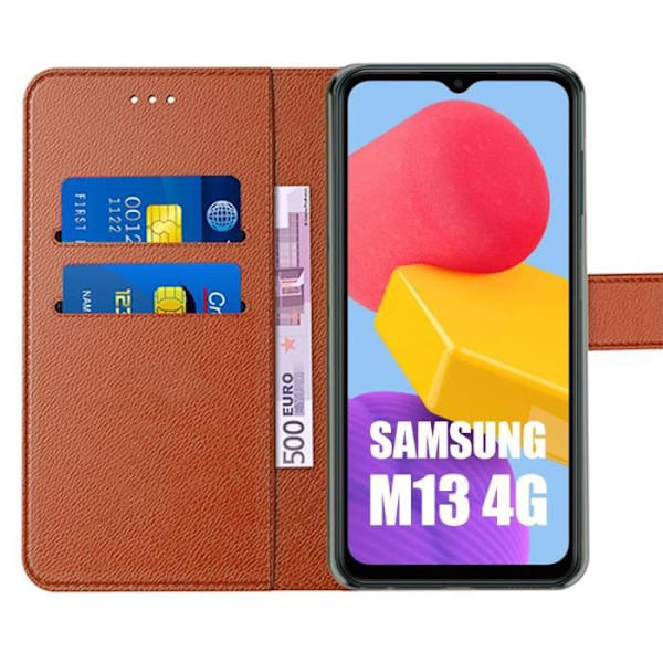 Fodral + 2 härdade glasögon för Samsung Galaxy M13, elegant fodral i lädereffekt - brun