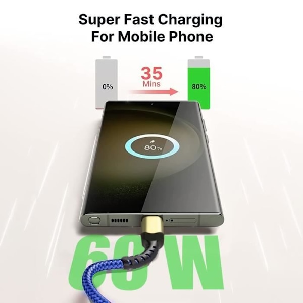 3x Snabbladdningskabel USB-C till USB-C 60W för Samsung Galaxy A26 A25 A15 A05s A35 A55 S24 Ultra - Blå Nylon 1M Blå