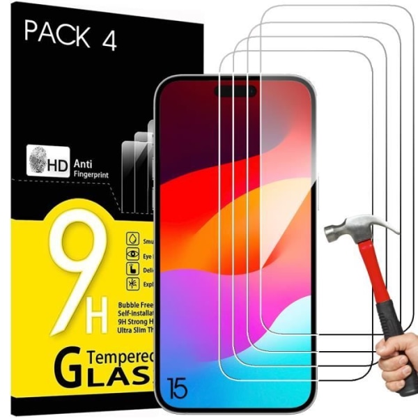 Härdat glas för iPhone 15 - 4 delar - Stötsäkert transparent skyddsglas