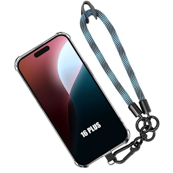 Handledsremsfodral för iPhone 16 Plus, genomskinligt stötsäkert skydd med avtagbar handledsrem blå