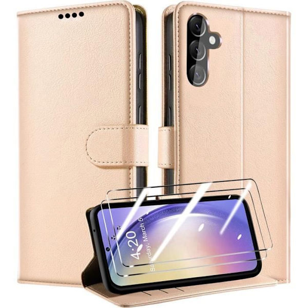 Coque för Samsung Galaxy A25 5G - BOOLING - Stöttålig i Gyllene Syntetiskt Läder - Kortficka och Stöd med 2 Härdat Glas gyllene